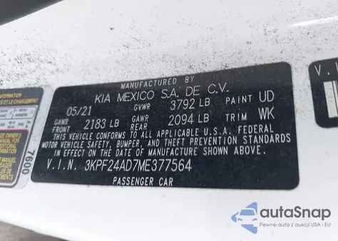 2021 Kia Forte Fe from USA, damaged, VIN 3KPF24AD7ME377564